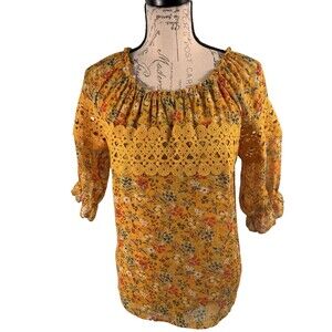 Knit Works Popover Blouse Sz XL 16 Juniors Crochet Lace Trim Boho Puffy Sleeve